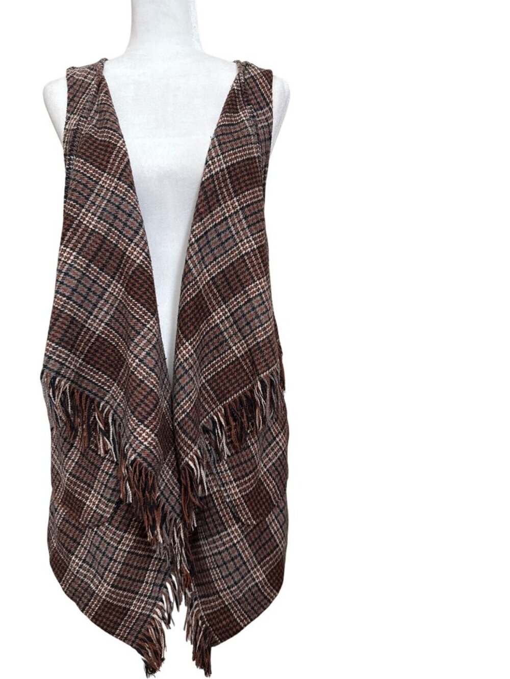 Brown Plaid Long Fringe Fall Vest with Pockets Democracy Size Medium